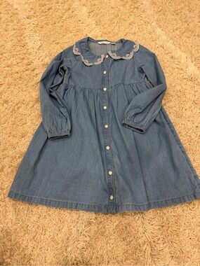 Janie and Jack Girls' Blue Denim Button-Front Dress with Lace Collar